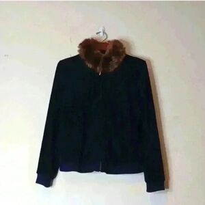 Lauren Ralph Lauren Navy Blue Velvet Velour Fur Collar Jacket